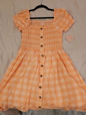 fabkids Peach Gingham Puff-Sleeve Midi Dress